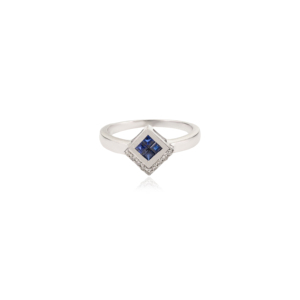 Hermoso Anillo Minimalista de Plata de Ley 925 con Zafiro Azul Natural Corte Princesa y Diamantes Redondos en Forma de Cometa - Product Image 1