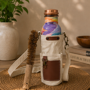 Vase d'hydratation artisanal en cuivre imprimé abstrait coloré avec brosse, écologique, portable, multi-usage, pour la maison, avec couvercle et sous-verre - Product Image 4