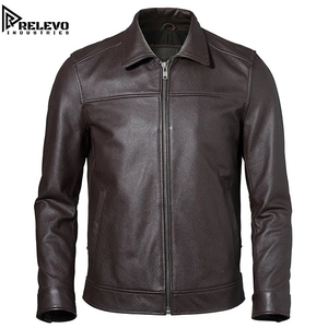 <b>Men</b> Dark <b>Brown</b> Real <b>Leather</b> Eco-friendly <b>Jacket</b> Classic Stand Collar Full Zip up Casual Moto Coat with Side Pockets & Front Logo - Product Image 1
