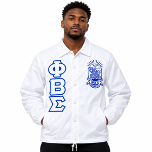 Phi Beta Sigma <b>White</b> <b>Men</b> Coach <b>Jacket</b> Embroidered Crest Snap Button Long Sleeve Lightweight Windbreaker with Pockets Fraternity - Product Image 1