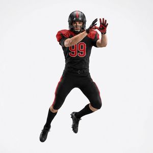 Uniforme de Fútbol Americano OEM para Hombre, Jersey Negro y Rojo con el Número 99, Sublimado, Transpirable, de Corte Atlético y Mangas Cortas - Product Image 6