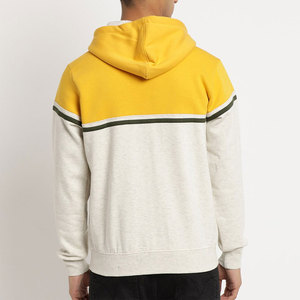 Sweat-shirt à capuche zippé pour homme, couleur crème jaune, avec blocs de couleur contrastés, en molleton, manches longues, cordon de serrage, style streetwear décontracté - Product Image 2