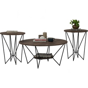 Minimalist 3 Pieces Round Coffee <b>Table</b> <b>Set</b> Modern Industrial Nesting <b>Side</b> <b>Tables</b> with Geometric Black Metal Wire Frame Legs - Product Image 2