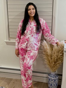 Conjunto de Pijama de Algodón Tejido Estampado a Mano con Rayas Verticales Florales y Animales para Mujer, Ropa de Estar por Casa, Elegante Traje de Noche, Camisa y Pantalones - Product Image 4