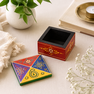 Boîte de rangement en bois peinte à la main – Boîte décorative indienne colorée pour cadeaux et bijoux - Product Image 6