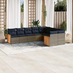 Ensemble de canapés de jardin en polyrotin gris 9 pièces avec coussins, mobilier d'extérieur, structure en teck, design contemporain - Product Image 1