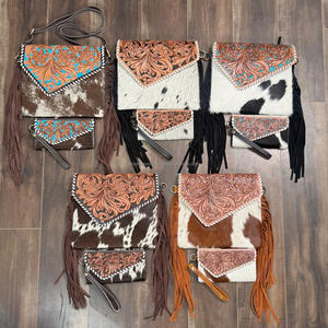 2025 femmes grande capacité à la mode usiné à la main en cuir de vachette frange bandoulière sac à main et porte-carte pochette 2 pièces Combo ensemble - Product Image 5