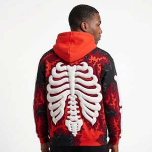 Sudadera con Capucha Unisex Dumela, Diseño Gótico con Esqueleto en Relieve Digital, Corte Holgado, 100% Algodón, Patrón Rojo y Negro, Ropa de Invierno - Product Image 6