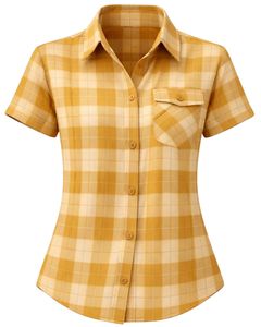 Mustard Yellow And Plaid Womens Short Sleeve Button Up Shirt Casual Summer Lightweight Breathable <b>Checkered</b> <b>Top</b> With Pocket - Product Image 1