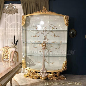 <b>White</b> & Silver Finish Modern Teak Wood <b>Display</b> <b>Cabinet</b> for Home Living Room Curio <b>Cabinet</b> - Product Image 5