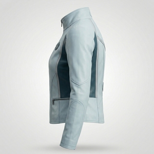 Ice Blue Dark Teal Contrast Genuine Leather <b>Women</b> High Stand Collar Zip Front Biker Racer Outerwear <b>Coat</b> - Product Image 5