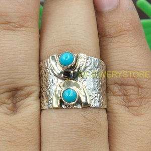 Bague Statement en Argent 925 Fait Main avec Pierre Turquoise pour Femme, Style Vintage Bohème, Large Bande en Laiton, Bijou Artisanal, Cadeau Unisexe - Product Image 2