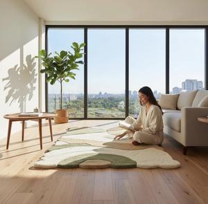 Tapis en laine tufté à la main, moderne, abstrait, beige et vert neutre, pour salon, chambre, décoration intérieure, tapis doux et luxueux - Product Image 4