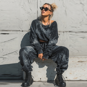 <b>Drop</b> Shoulder Stone Washed Sweatsuits Women Baggy <b>Acid</b> Wash Sweat Shirts Vintage Washed Sweatpants Set Women's - Product Image 2