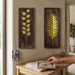Gold Metal <b>Wall</b> Decor Set of 2 for Living Room | Modern Metal & <b>MDF</b> <b>Wall</b> Art <b>Panels</b> | <b>Decorative</b> <b>Wall</b> Hanging Art for Bedroom - Product Image 3
