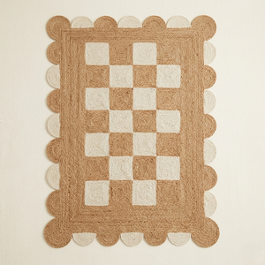 พรมปอกระเจาสีกลางทำด้วยมือพรมสี่เหลี่ยมสี่เหลี่ยมสีขาวและสีเบจพร้อมดีไซน์ขอบวงกลมสำหรับห้องนั่งเล่น - Product Image 1