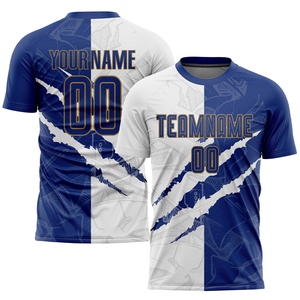 Maillot de football personnalisé de qualité supérieure, motif graffiti, blanc royal-ancien or, sublimation à effet rayé, vente en gros directe - Product Image 1