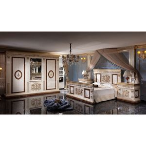 Ensemble de chambre de luxe en teck massif de style mid-century pour villa et hôtel, comprenant un lit king size ivoire doré, une grande armoire, des tables de chevet et une coiffeuse - Product Image 1