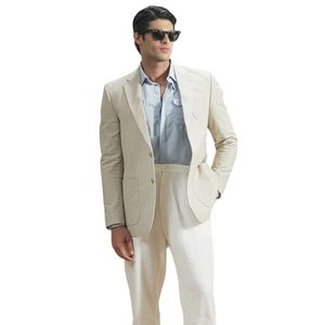 Ensemble de costume en lin beige pour homme, sur mesure, deux pièces, blazer et pantalon, élégant, formel, décontracté, pour mariage - Product Image 1
