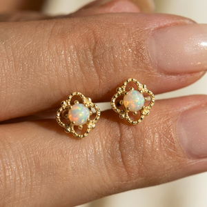Flower Style Natural Oval Cut <b>Opal</b> Stud <b>Earrings</b> 925 Silver Claw Setting <b>Black</b> Gold Plated 3 Gram Christian Trendy Women's - Product Image 1