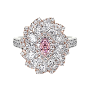 Anillo de Dos Tonos con Diamantes Rosados Vívidos en Corte Marquesa, Diseño Floral y Halo de Diamantes Blancos en Espiral con Banda Pavé - Product Image 1