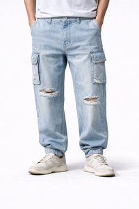 Pantalones Vaqueros Cargo para Hombre, Color Azul Claro, a Rayas, Impermeables, con Cintura Ajustada, Estilo Desgastado, con Múltiples Bolsillos, Casuales - Product Image 2