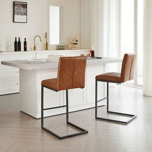 Vintage 26-Inch Counter Height Bar <b>Stool</b> Brown Faux <b>Leather</b> with Sturdy Black Metal Frame Vertical Tufted Backrest Footrest - Product Image 6