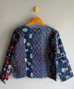 Quilted Jacket Women's Blue <b>Animal</b> Print Cotton V-Neck Three Quarter Sleeve Autumn Style gift <b>for</b> her - Product Image 6