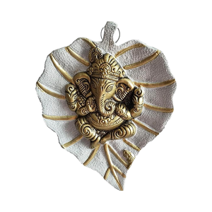 Modern <b>Leaf</b> <b>Wall</b> Hanging Ganesha Sculpture Hand-Crafted White-Golden Aluminium for Home & Office <b>Decor</b> - Product Image 1