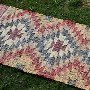 Alfombra de Escalera Hecha a Mano de Yute y Algodón, Diseño Tribal Geométrico, Alfombra de Pasillo Natural Estilo Boho, Tejido Plano Reversible y Lavable para el Hogar - Product Image 2