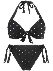 Conjunto de bikini de dos piezas con lunares negros, ropa de playa para mujer, traje de baño de verano con estampado floral, cuello en V, cintura media, traje de baño acanalado - Product Image 2