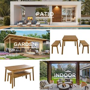 Acacia Wood Dining Set 3-Piece Indoor & <b>Outdoor</b> Furniture Includes 2 <b>Benches</b> & Beer <b>Table</b> for Porch Patio or Picnic - Product Image 5