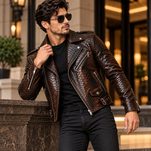 Mens Luxury Dark Brown Snake Skin Leather Embossed Breathable Winter Zip-Up Slim Fit Stand Streetwear <b>Biker</b> <b>Jacket</b> Wholesale - Product Image 4