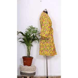 Kimono Kantha Floral Hecho a Mano Vintage para Mujer, Cuello en V, Manga Tres Cuartos, Bata de Lujo 100% Algodón Transpirable de Secado Rápido para Otoño - Product Image 6