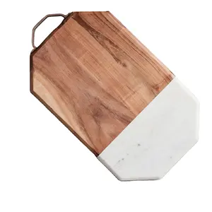 Tabla de cortar de madera de acacia de mármol blanco con mango para cocina, bloques de cortar, losa, madera de mango y mármol blanco, combinación perfecta