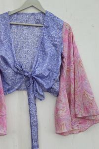 Nueva llegada seda hecha a mano verano campana manga Crop Top blusa pura seda Patchwork Crop Top para mujer - Product Image 2