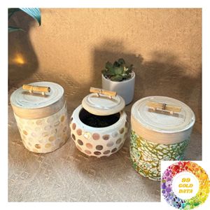 Pot en bambou rond avec incrustation de mosaïque de coquillages, récipient de rangement décoratif avec couvercle et poignée pour chambre à coucher et salon - Product Image 5