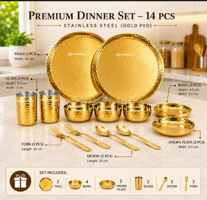 Service de table en acier inoxydable PVD doré, écologique, tricoté, 14 pièces, luxe, design, comprenant couverts, bol Thali, assiette, verre, cuillère, fourchette - Product Image 2