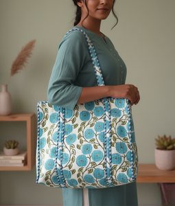 Sac fourre-tout double en coton pur de Jaipur, matelassé à la main, avec broderie ouverte, fermeture éclair, style bohème vintage, couleur unie, pour femme - Product Image 4