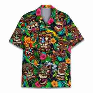 Chemises hawaïennes Tiki tropicales pour hommes, chemise boutonnée vintage tendance, chemise unisexe à manches courtes, chemise vierge, vêtements personnalisés en gros - Product Image 1