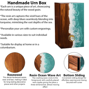 Urne funéraire en résine et bois naturel inspirée de l'océan, faite à la main, motif vague bleue, par AYAANS - Product Image 3