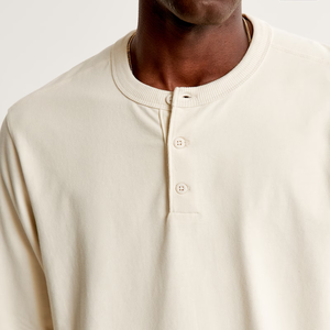 Men's Cream <b>Long</b> <b>Sleeve</b> <b>Henley</b> Shirt Regular Fit Button Up Collar Knitted Cotton Minimalist Style Spring Wear - Product Image 4