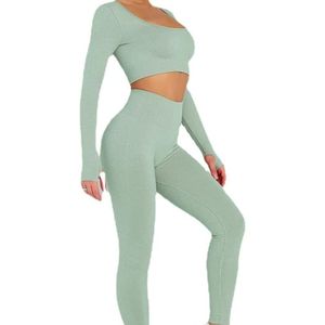 Ropa de Yoga Ligera para Verano, Top de Manga Larga sin Costuras, Leggings de Cintura Alta, Verde Salvia, Ropa Deportiva Transpirable - Product Image 2