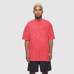 T-shirt en coton rouge pour homme, coupe classique, col rond, manches courtes, jersey décontracté, logo tricoté sur le devant, respirant, effet délavé - Product Image 4