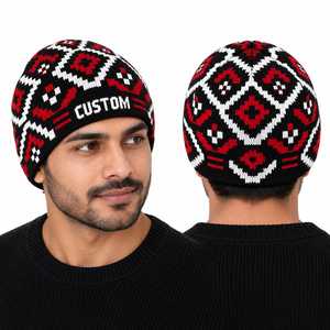 Wholesale 100% Acrylic Knit Beanie Unisex Black Red <b>White</b> Geometric Pattern Winter <b>Hat</b> Custom Logo Streetwear Cap B2B USA - Product Image 5