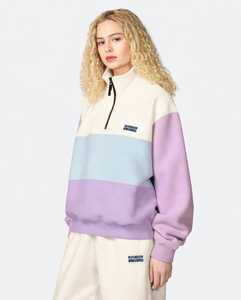 <b>Women's</b> Pastel Solid Color Blocked Hooded Quarter Zip <b>Fleece</b> Sweatshirt Pullover Long Sleeve 300g Hip Length - Product Image 3