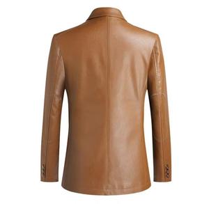 Unisex <b>Brown</b> PU <b>Leather</b> Blazer Slim Fit Stand Collar Single Breasted Waterproof High Street <b>Jacket</b> with Zippers Satin Lining - Product Image 2