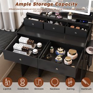 Moderna camera da letto di colore nero Set di trucco 5 cassetti 3 presa di corrente di illuminazione porta asciugacapelli grande specchio lavabo - Product Image 5