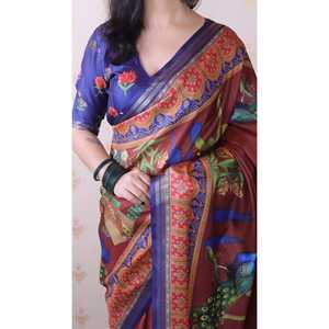 Sari Pichwai de Seda Tussar Marrón Suave, Chal Étnico Tejido con Zari y Estampado Tradicional, 450g Elite Weaves - Product Image 5