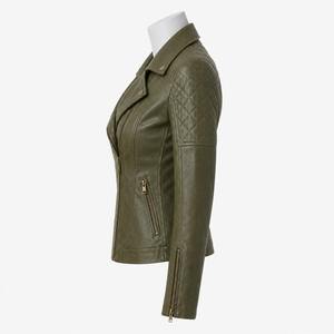 Veste de moto en cuir de vache vert olive pour femme, coupe-vent, manches longues, fermeture éclair matelassée, col ouvert, longueur normale, style hiver - Product Image 5